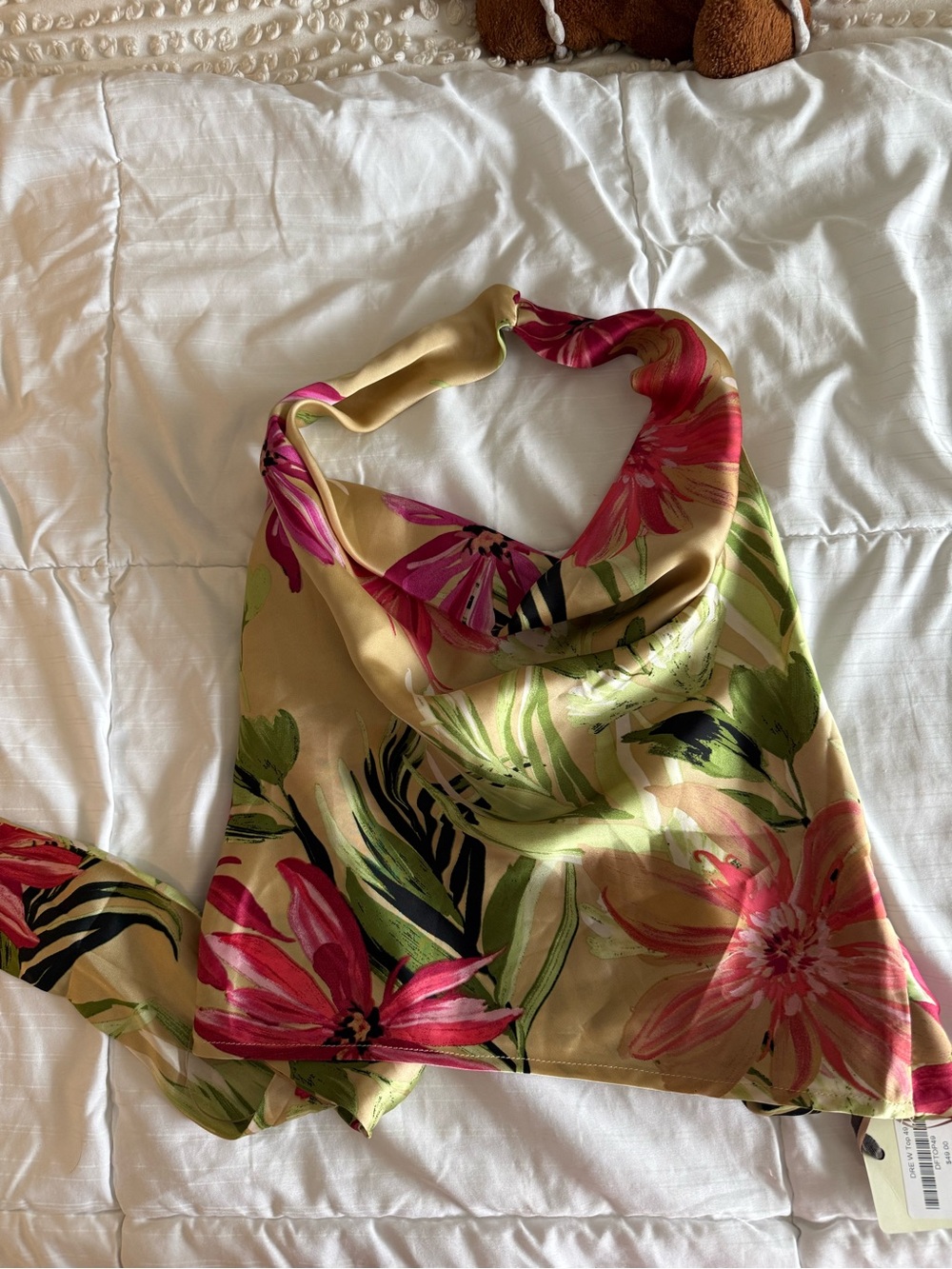 Floral Satin Neck Scarf in Pink & Green